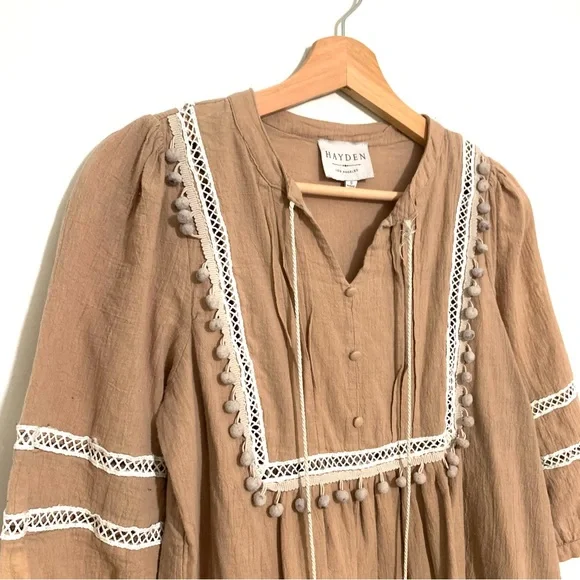 Hayden Tan Gauzy Boho Peasant Dress Size Small Babydoll Neutral Color - Picture 3 of 13